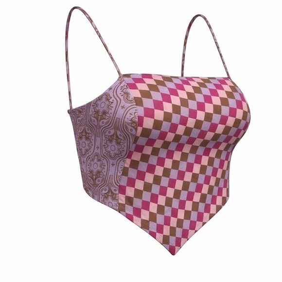 Tops - Women Crop Tank Top Checkered Paisley Handkerchief Hem Rayon Boho XL